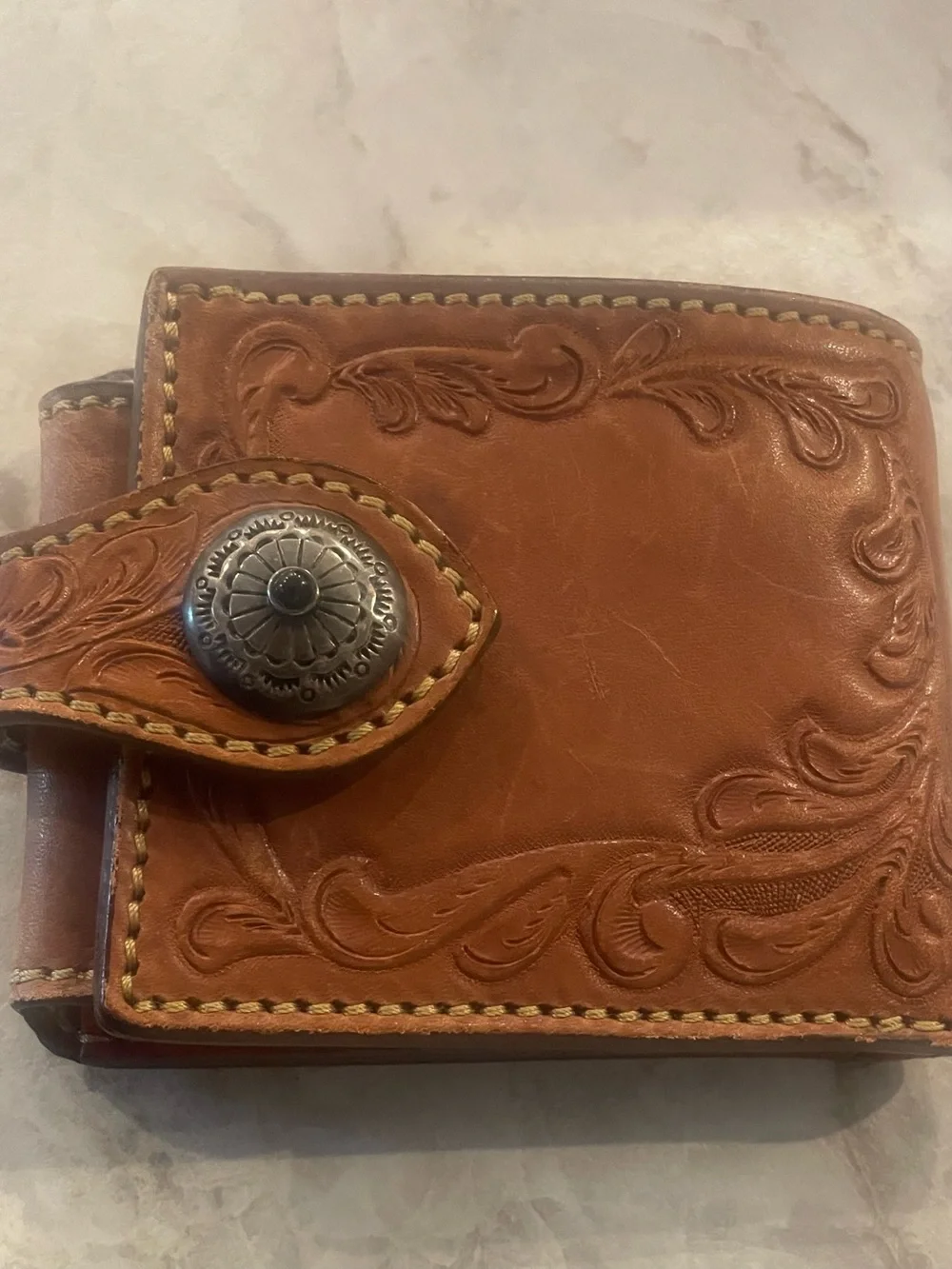 Men's Tooled Leather Wallet with Snap Closure - Brown